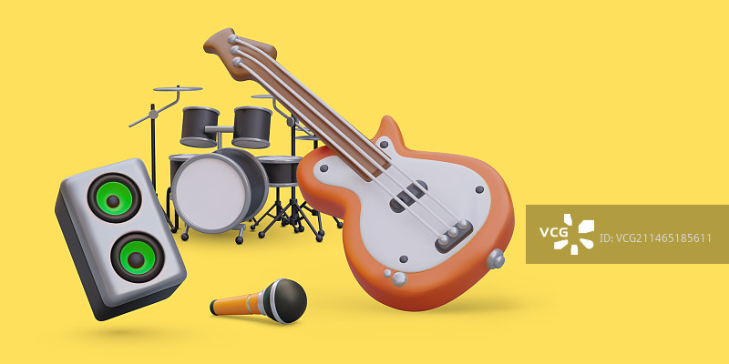 逼真的吉他、鼓、麦克风、扬声器图片素材