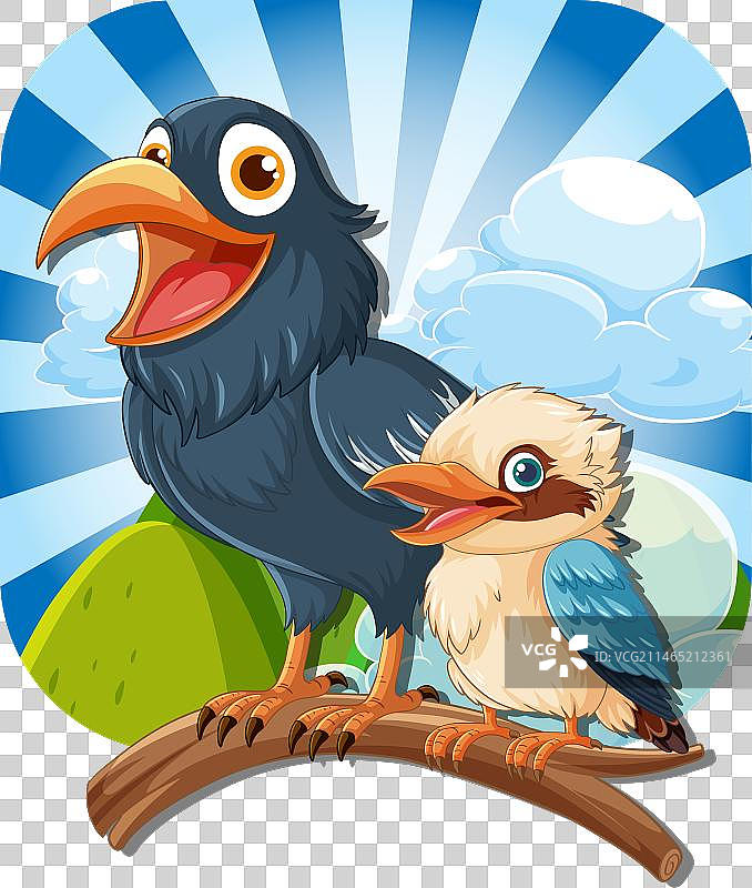 树枝上的可爱卡通乌鸦和笑翠鸟图片素材