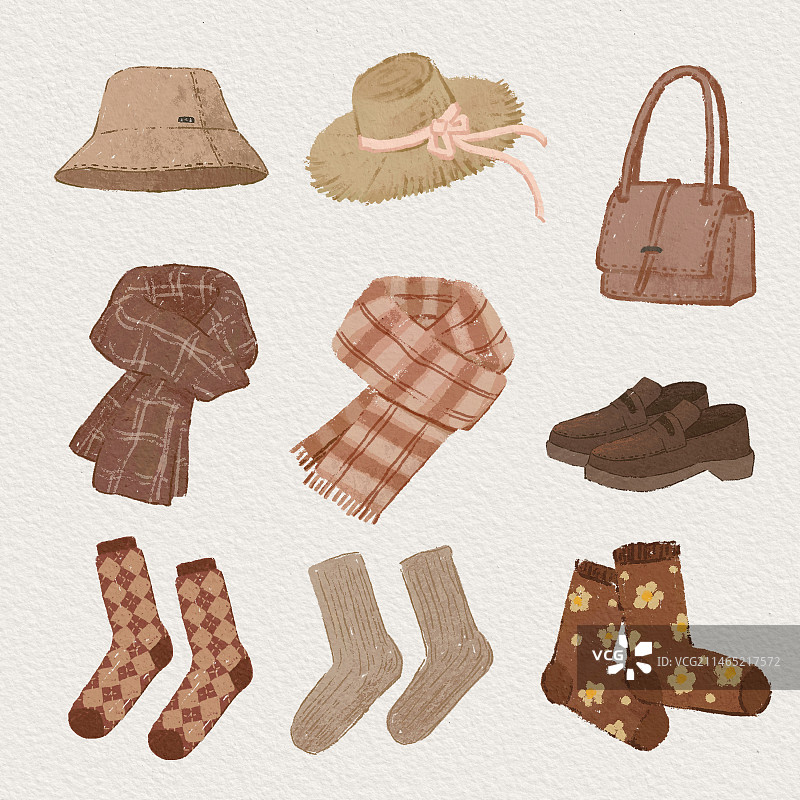 秋冬穿搭围巾帽子皮鞋袜子包图片素材