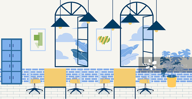 现代化城市都市室内办公区域办公室写字楼工作室办公桌扁平风时尚潮流小清新空间插画图片素材