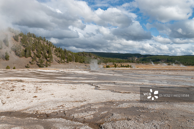 美国89号州际公路旁黄石公园内大棱镜泉周边地面多变色彩盆地温泉池风景图片素材