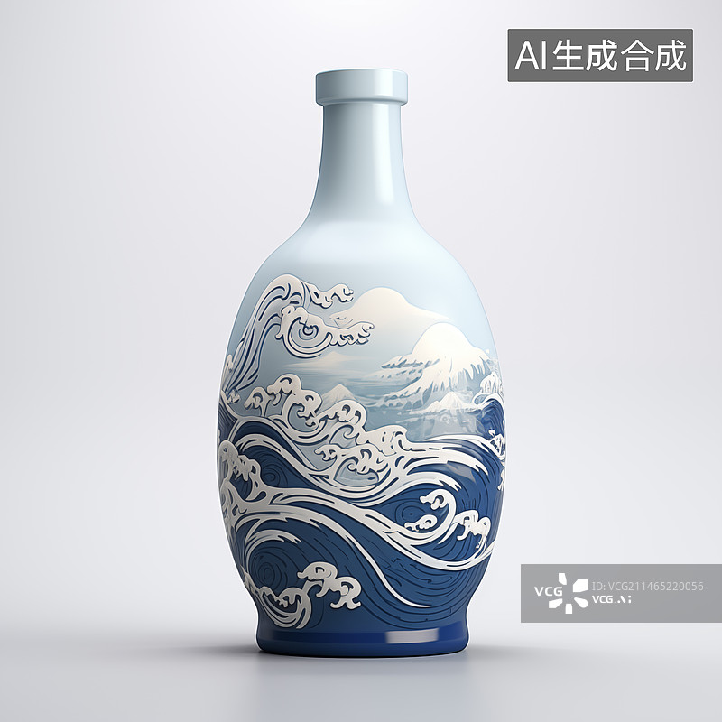 【AI数字艺术】3D造型青花瓷风格白酒瓶插图图片素材