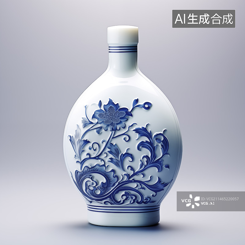 【AI数字艺术】3D造型青花瓷风格白酒瓶插图图片素材