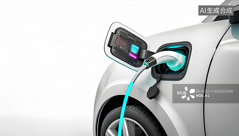 【AI数字艺术】白色背景下的汽车特写镜头，新能源汽车充电特写镜头图片素材