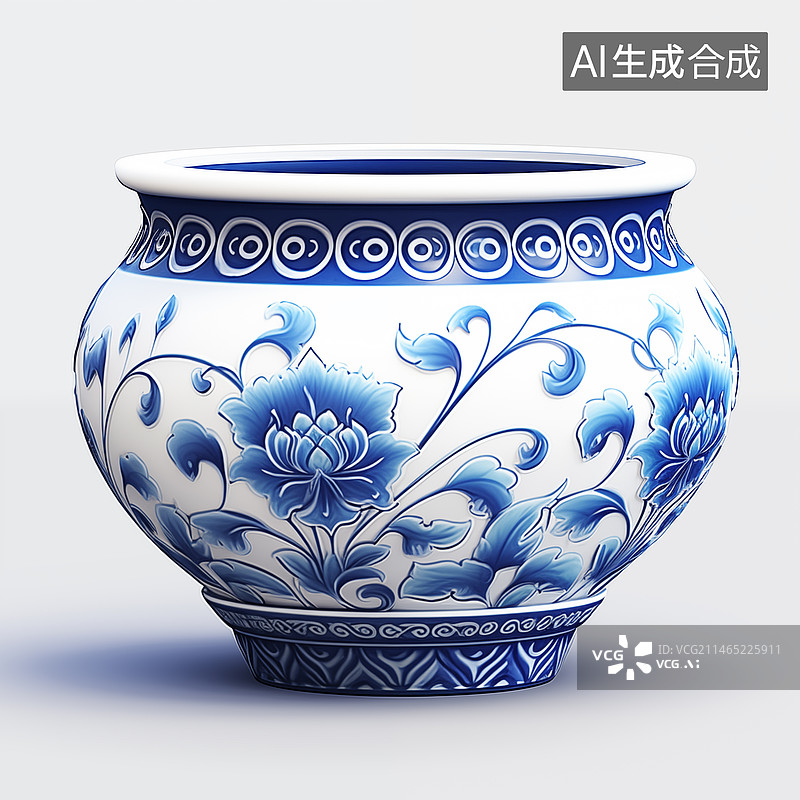 【AI数字艺术】3D造型青花瓷风格花盆插图图片素材