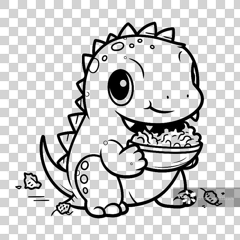 黑白卡通可爱恐龙吃东西图片素材