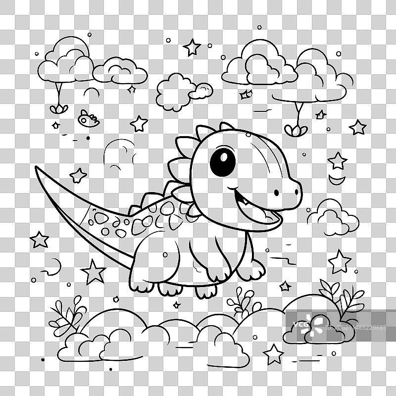 云朵中的可爱恐龙涂色书图片素材