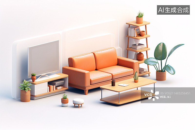 【AI数字艺术】柔软的室内沙发3D渲染，创意几何体室内空间轴测图概念插图图片素材