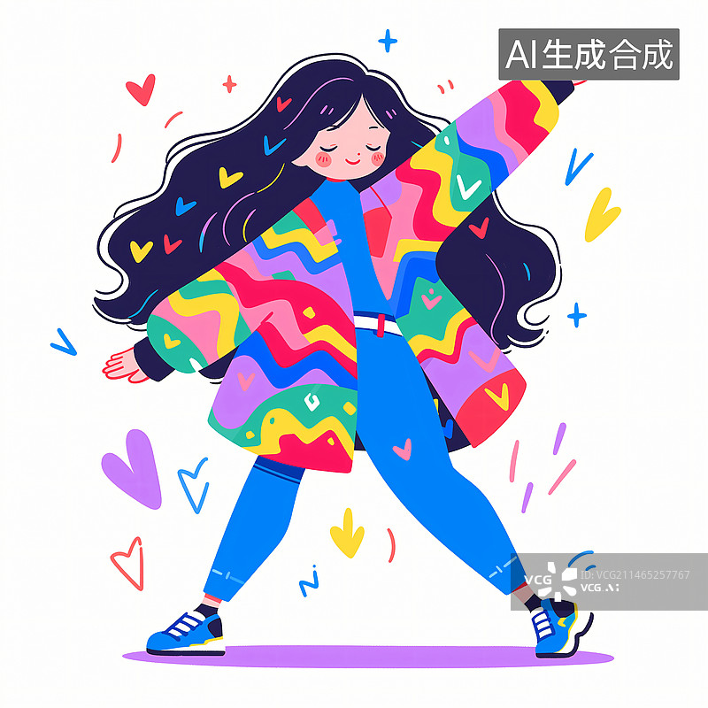 【AI数字艺术】一位黑色长发少女在跳舞插画图片素材