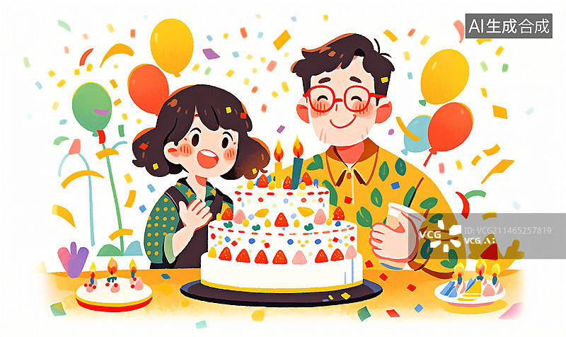 【AI数字艺术】夫妻情侣过生日庆祝气球彩屑插画图片素材