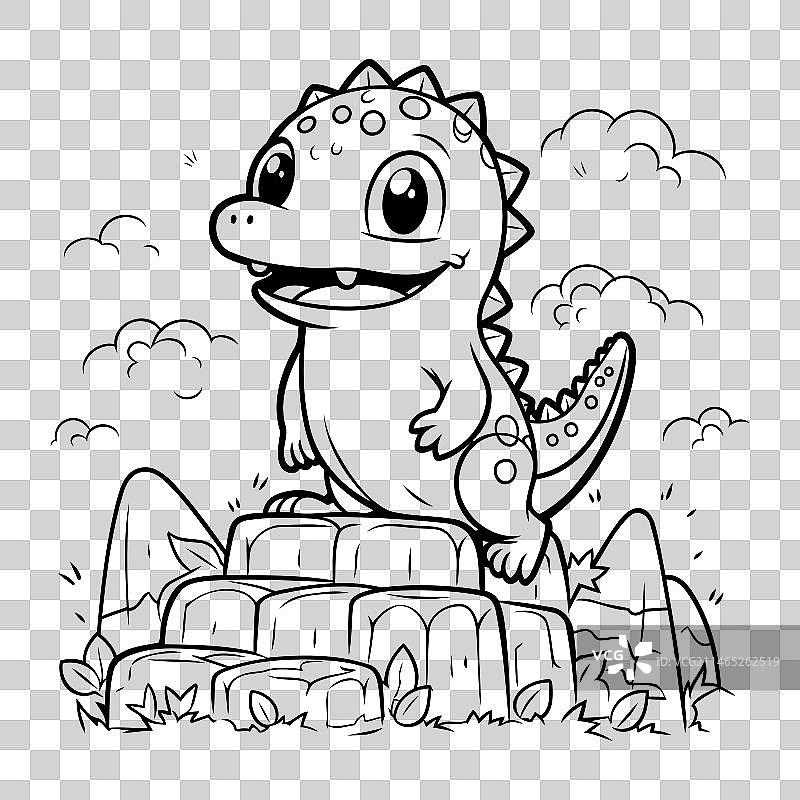 石头上的可爱恐龙涂色书图片素材