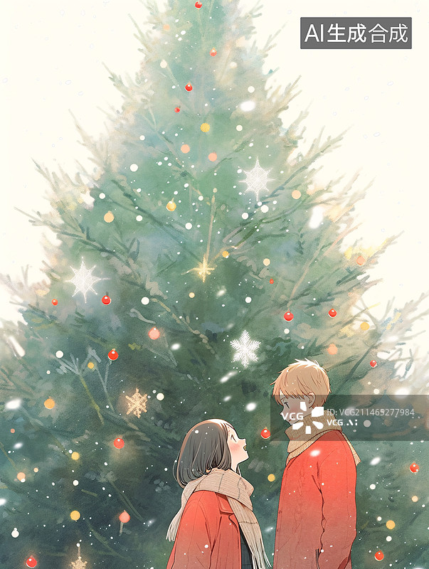 【AI数字艺术】装饰圣诞树前情侣情人节图片素材