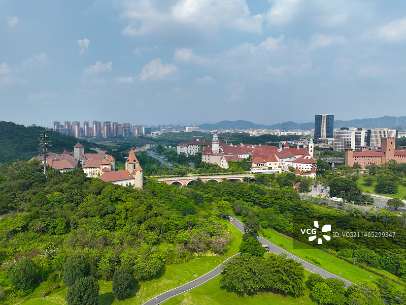 广东省东莞市大朗镇松山湖风景区桃源公园华为溪流背坡村航拍图片素材