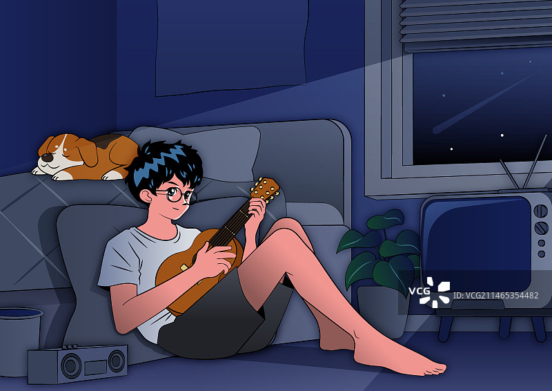 男人在房子里独自玩耍矢量插画图片素材