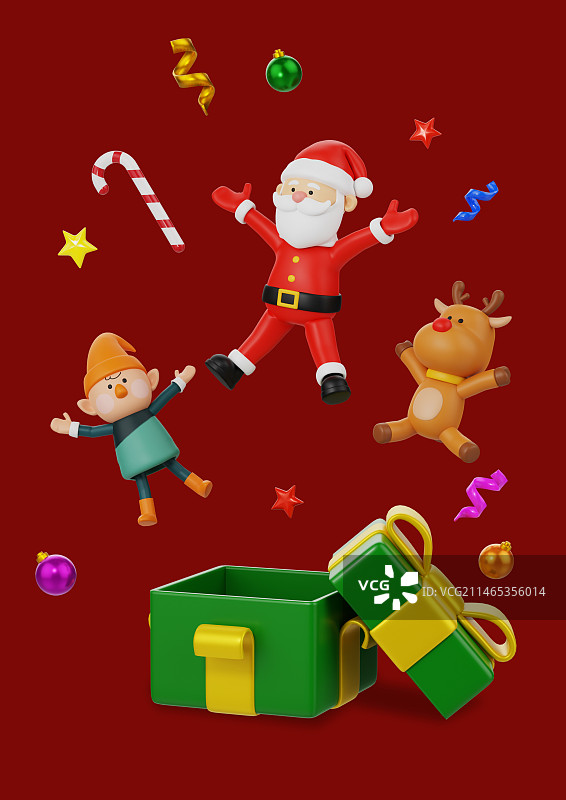 圣诞老人从礼盒中跳出3D角色图形图片素材