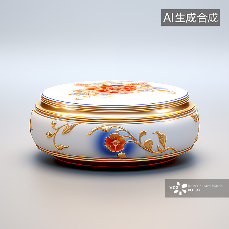 【AI数字艺术】3D造型陶瓷圆形镶花首饰盒插图图片素材