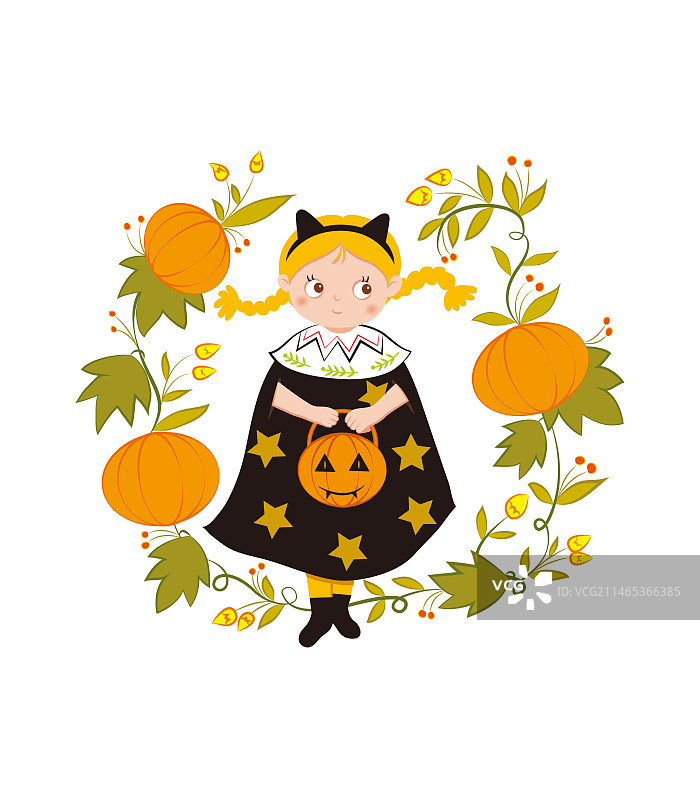 可爱卡通女孩万圣节装扮提南瓜灯扁平插画图片素材