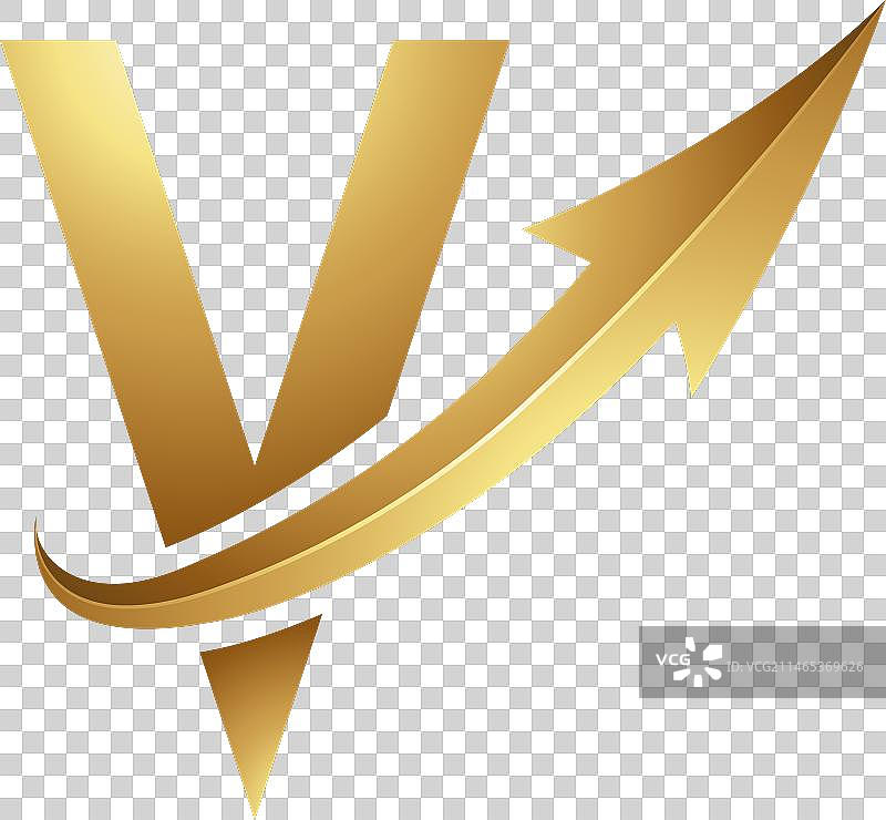金色未来主义字母V图标与光面箭头图片素材