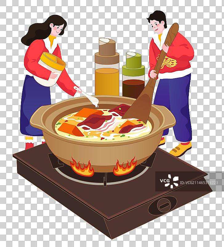 春节年俗插画腊月二十六情侣炖汤矢量人物元素图片素材