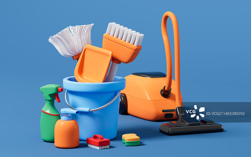卡通家用吸尘器与保洁工具3D渲染图片素材