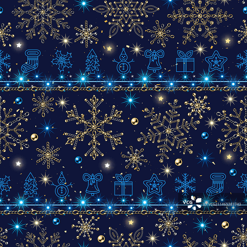 带灯光雪花图标的蓝色圣诞图案图片素材