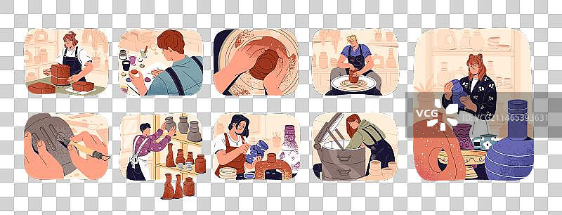 люди из мастерской ручной работы создают керамическую вазу图片素材