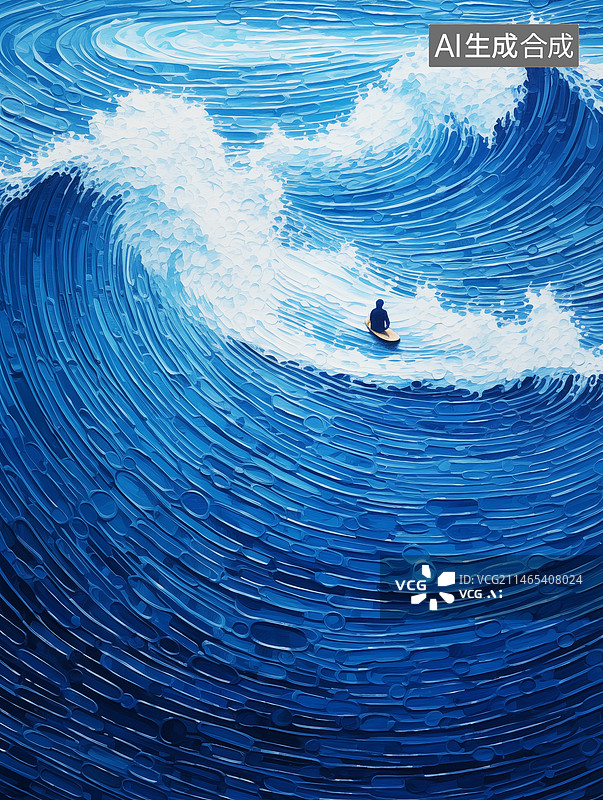 【AI数字艺术】大海上巨大海浪中心有个人在划船蓝色旋涡波浪油画纹理插画图片素材