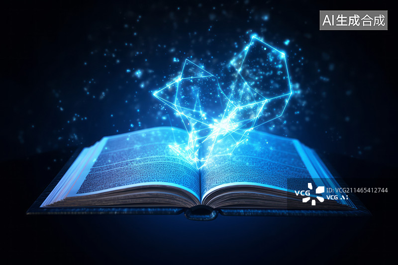 【AI数字艺术】发光蓝色书籍发光粒子网络魔法书籍插画图片素材