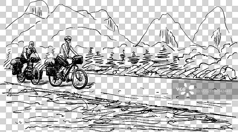 长途骑行夫妇素描图片素材