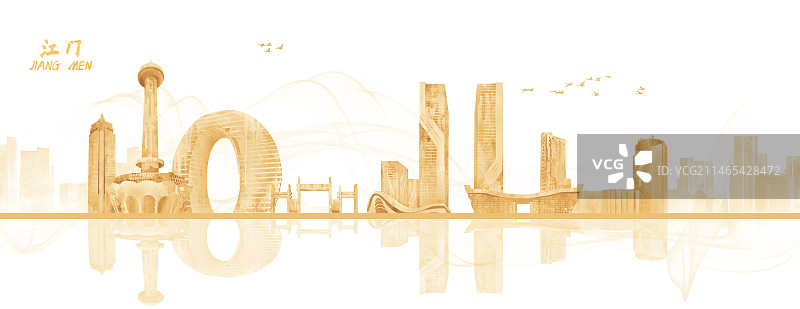 金色江门建筑插画背景图片素材