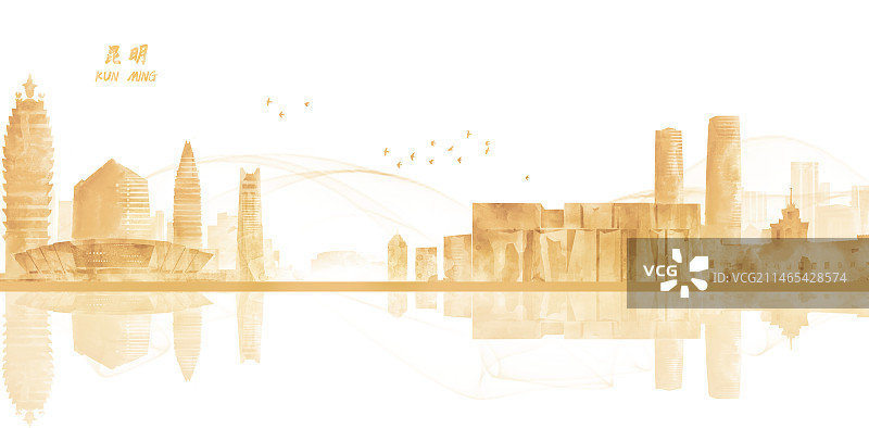 金色昆明建筑插画背景图片素材