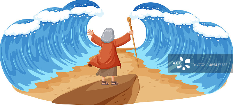 摩西分开红海的圣经卡通场景图片素材