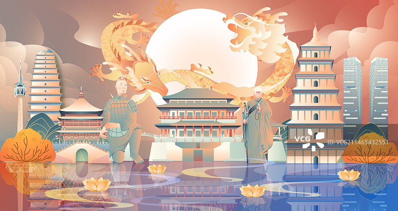 双龙戏珠西安建筑横版国风矢量插画图片素材