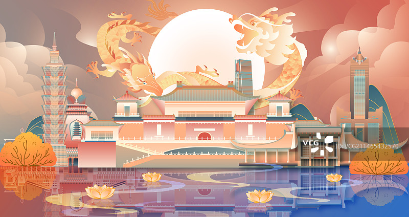 双龙戏珠中国台湾建筑横版国风矢量插画图片素材