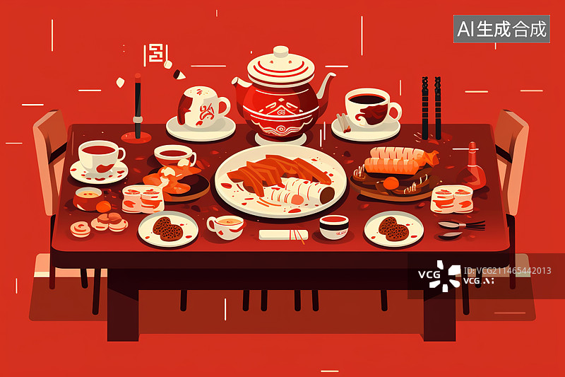 【AI数字艺术】春节年夜饭红色桌子上摆着一桌丰盛的晚餐图片素材