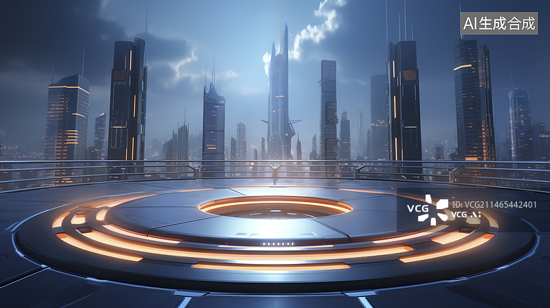 【AI数字艺术】机甲风城市天际产品展台图片素材