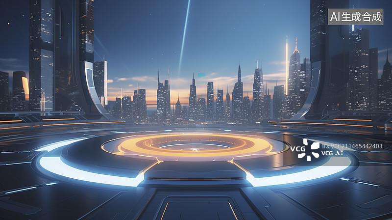 【AI数字艺术】机甲风城市天际产品展台图片素材