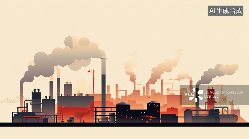 【AI数字艺术】正在排放温室气体的工厂平面插画图片素材