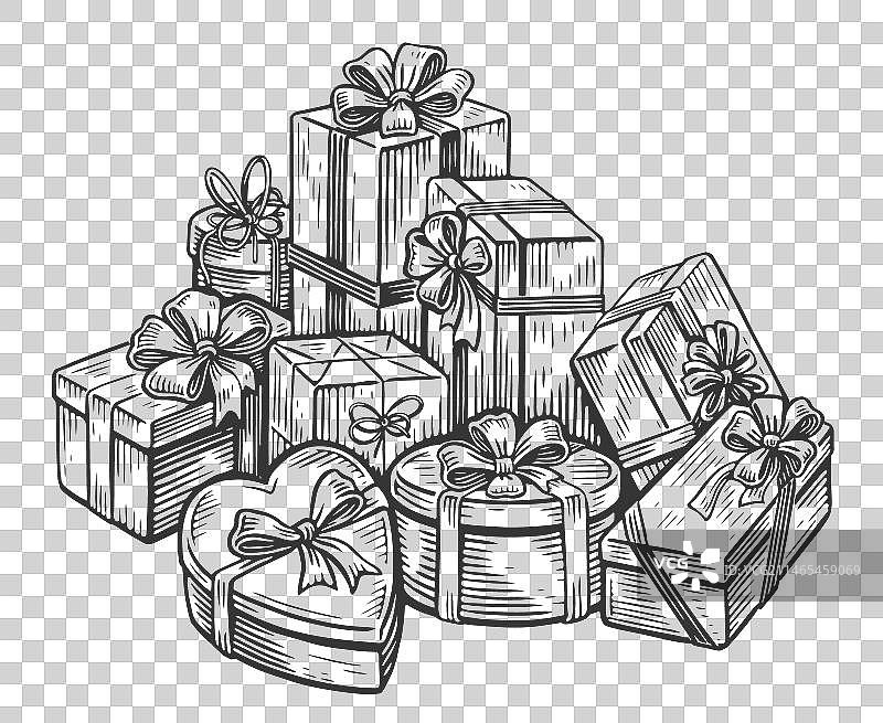 节日包装纸包裹的大量礼品盒图片素材