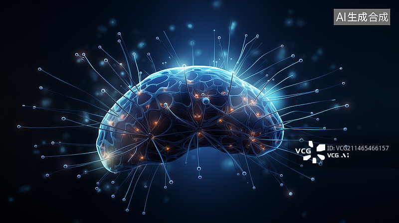 【AI数字艺术】插图，插画，海报，分析图，背景图，脑机接口，科技，未来，科学研究，蓝色，教育，科研，细胞，元素，平面图片素材