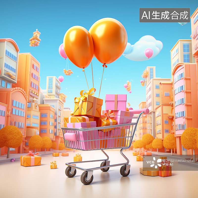 【AI数字艺术】电商购物节购物车礼物采买城市建筑街道气球3d立体图图片素材