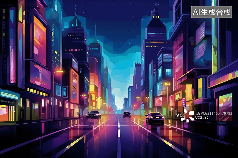 【AI数字艺术】彩色赛博朋克城市街道插画背景图片素材