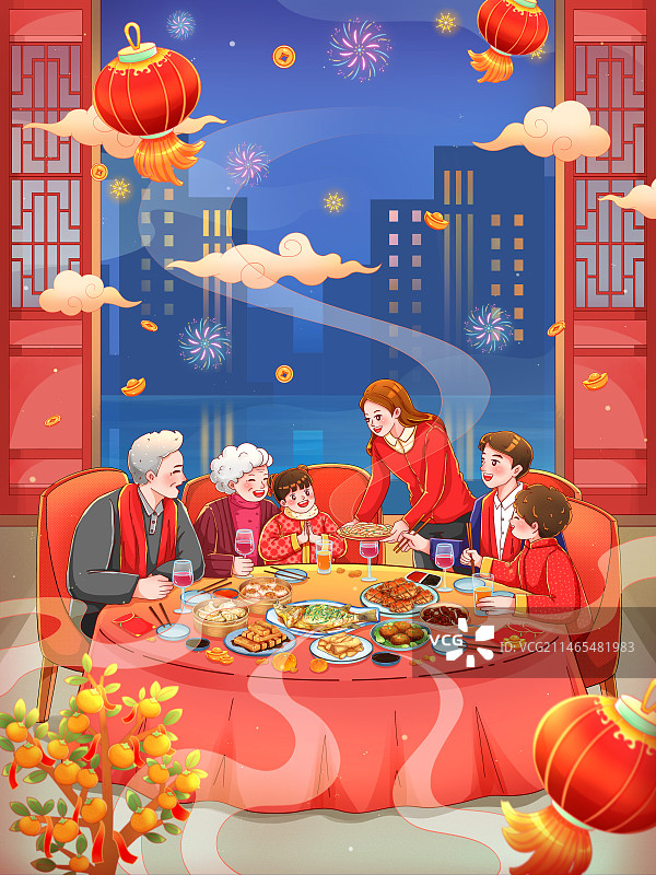 手绘中国风新年吃团圆饭的一家人竖版夜景插画图片素材