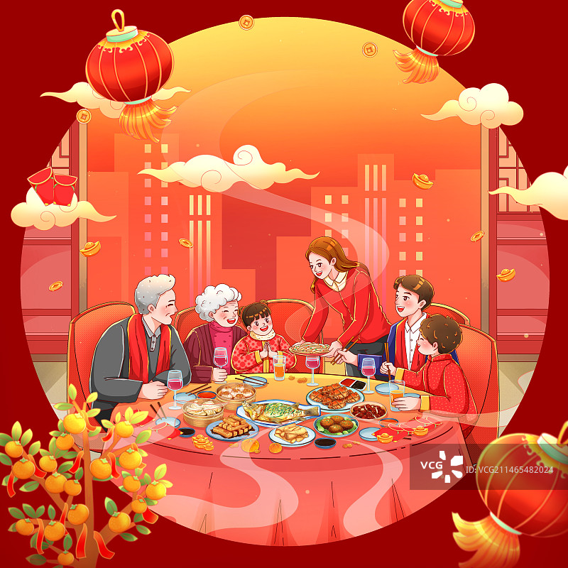 手绘中国风新年吃团圆饭的一家人圆形插画图片素材