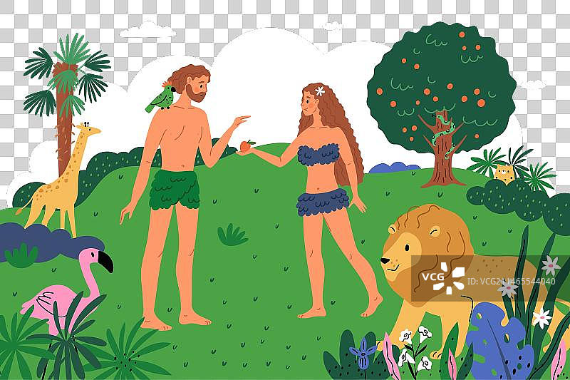 伊甸园中的亚当和夏娃卡通圣经图片素材