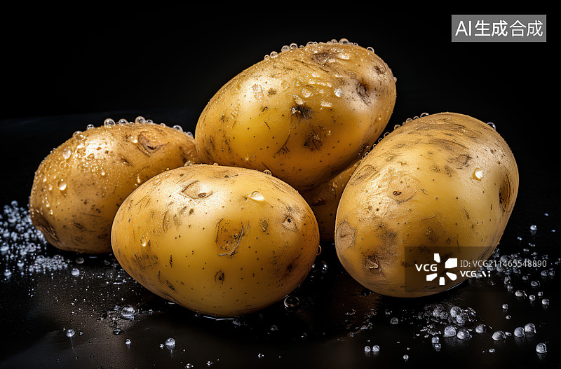 【AI数字艺术】黑色背景下桌上土豆的特写镜头图片素材