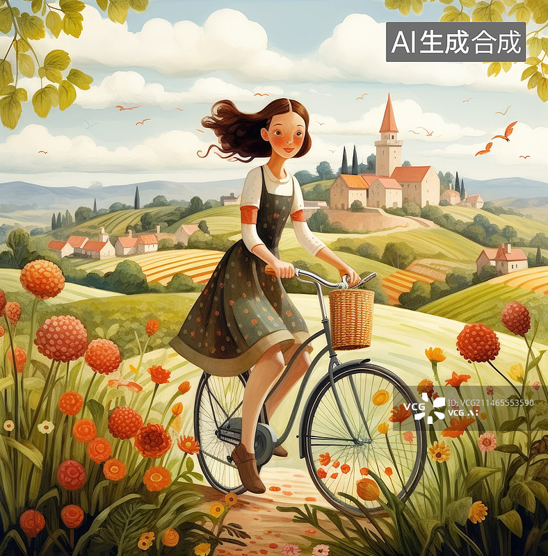 【AI数字艺术】乡间快乐的骑车女孩图片素材