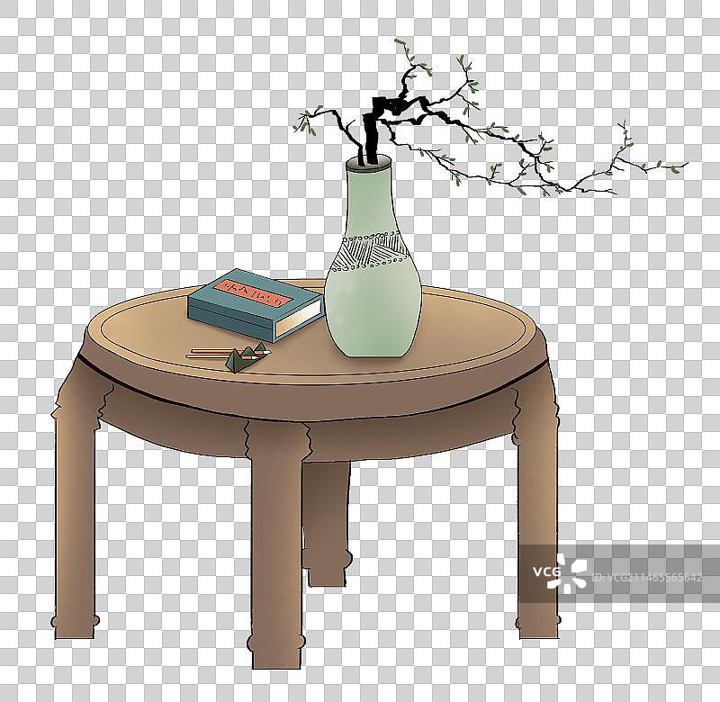 复古风格木桌上的插花和书本 复古茶几桌子元素图片素材