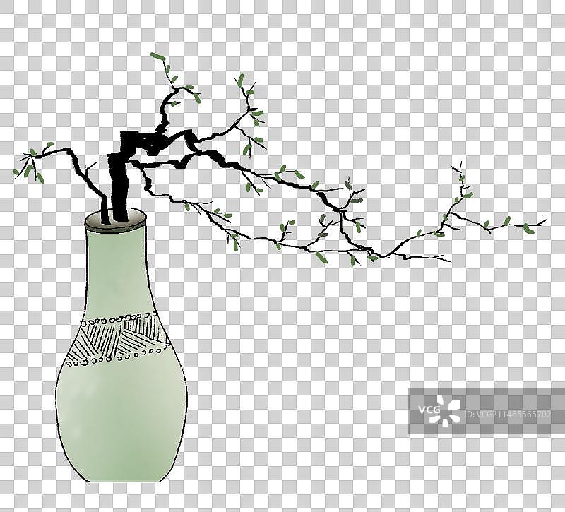 花瓶里发芽的柳枝插画元素图片素材