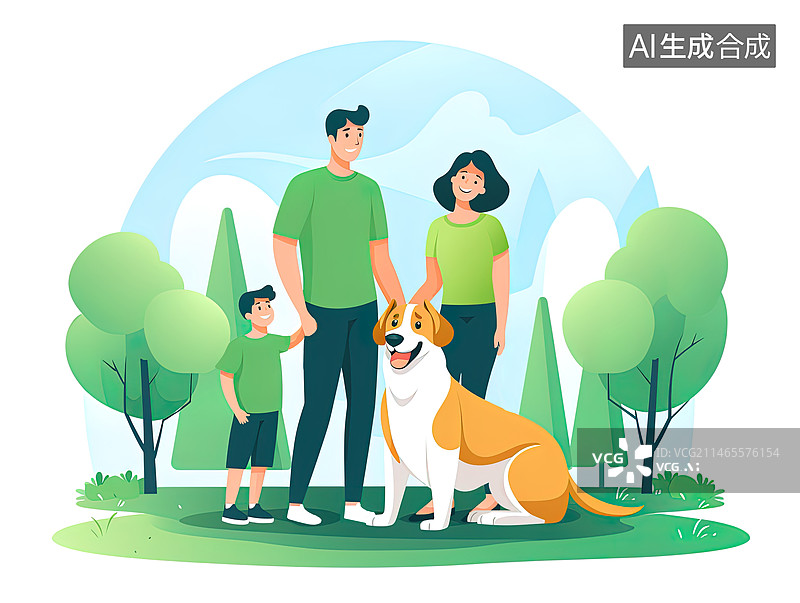 【AI数字艺术】一家三口和宠物狗插画图片素材